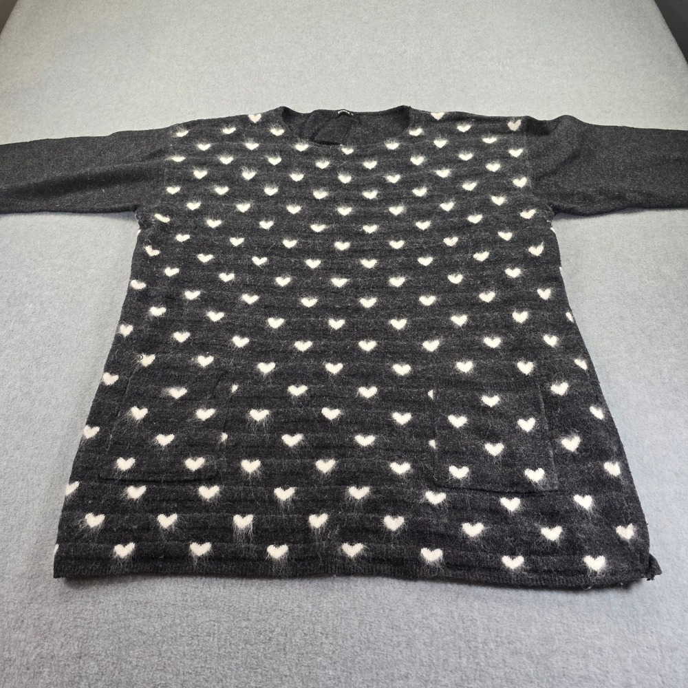Roman Heart Print Knit Sweater Women16 Charcoal White Long Sleeve Pockets